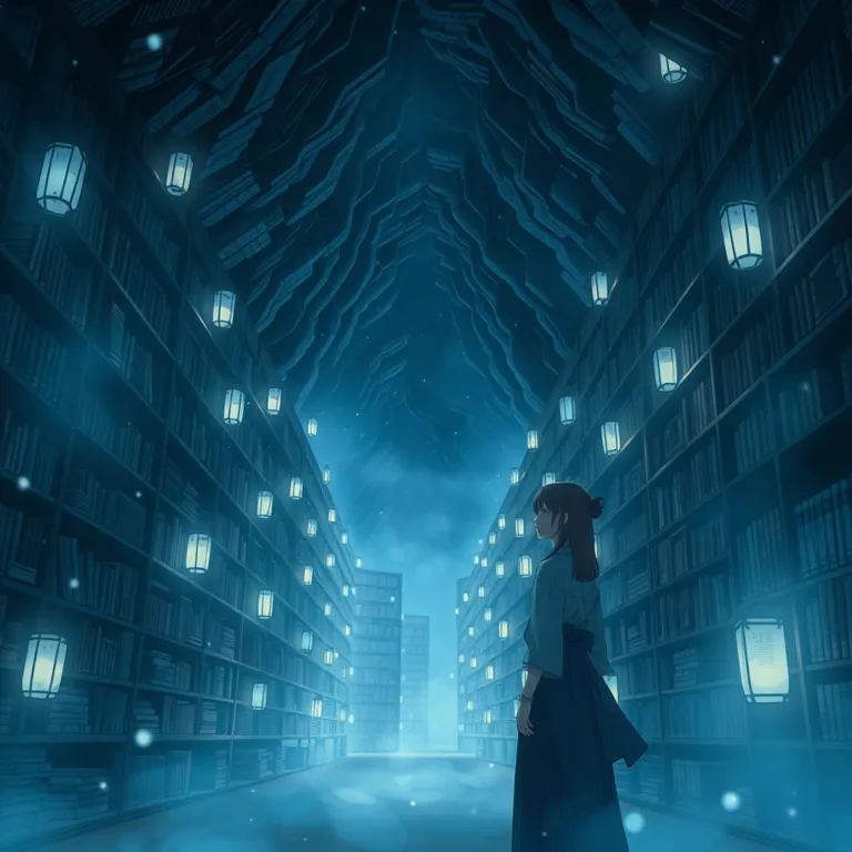 『藍色の灯火と、記憶の地下図書館』の表紙(AIによる生成)