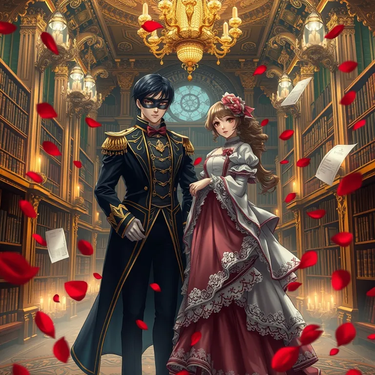『緋色の舞踏会と忘却の書架 ―双子の王冠、偽りの調べ―』の表紙(AIによる生成)