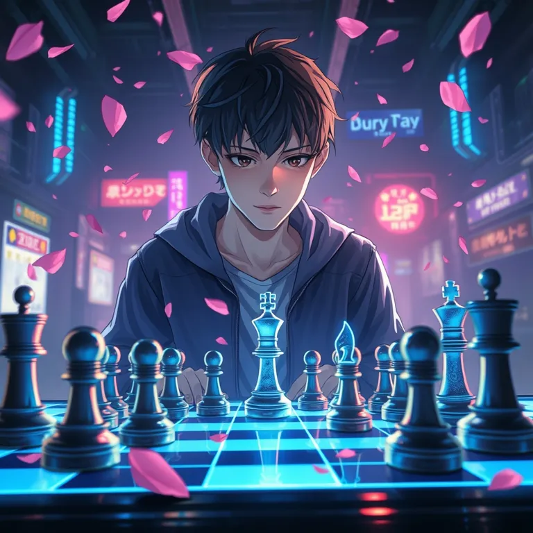 『零落のチェックメイト：ネオンの残響と、散り急ぐ春』の表紙(AIによる生成)