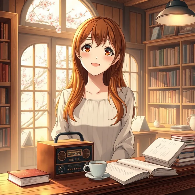 『夜明けのラジオと、桜色の午後のブックカフェ』の表紙(AIによる生成)